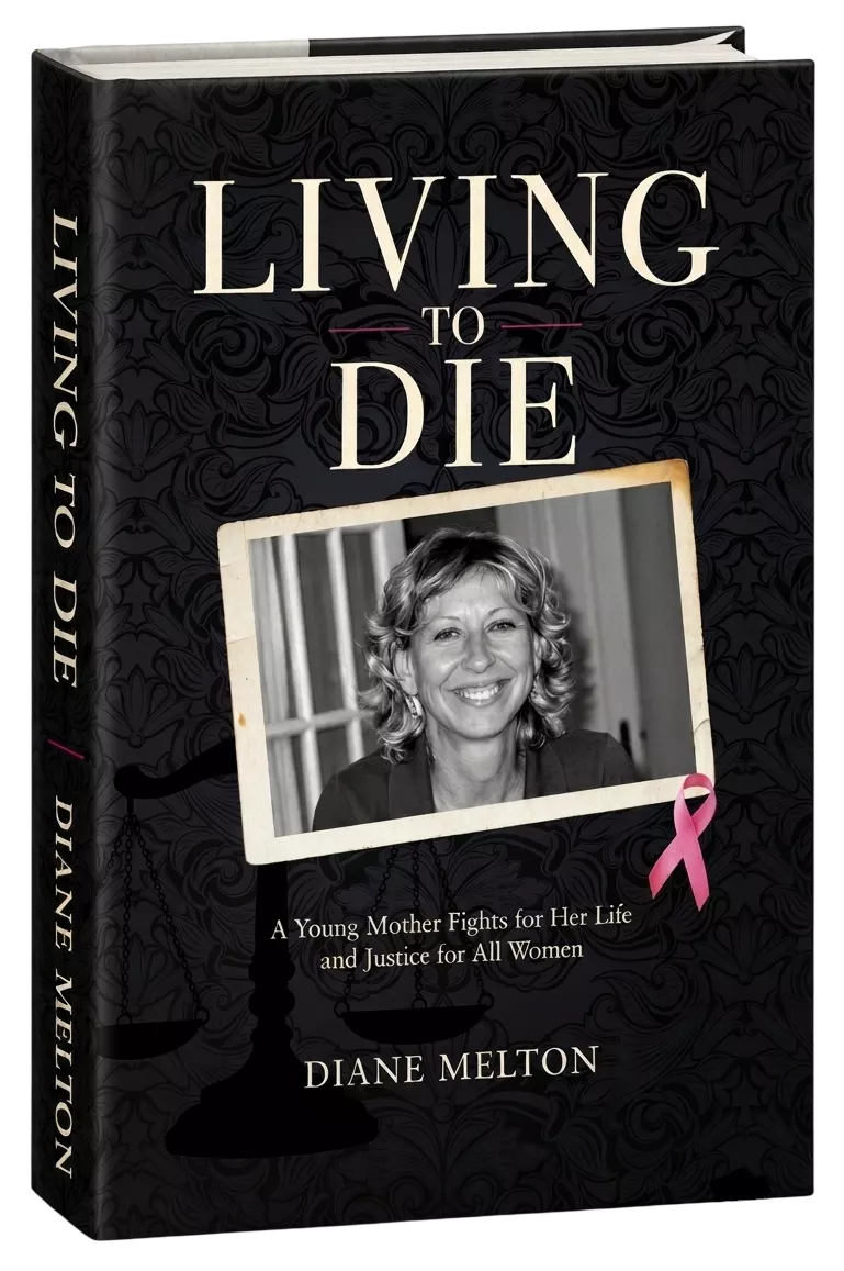 Living To Die hardcover — black damask cover with a photograph of Brenda Sawicki, a pink ribbon, and the scales of justice
